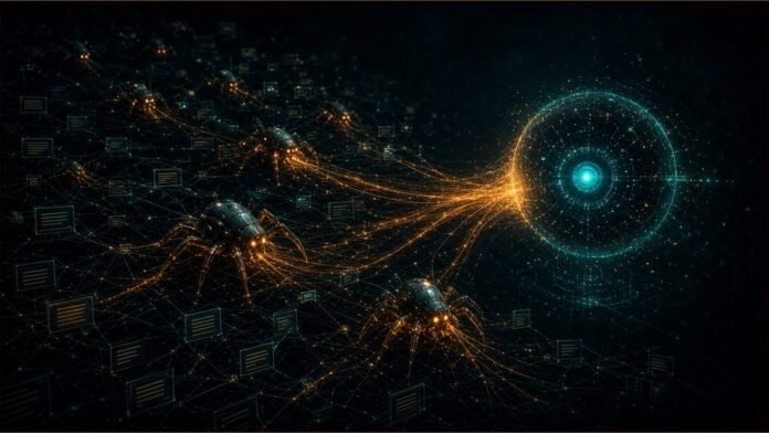 Illustration: a dark web of page-shaped nodes, a few lighting up orange as a scanning beam passes, a soft green shield around one cracked node.