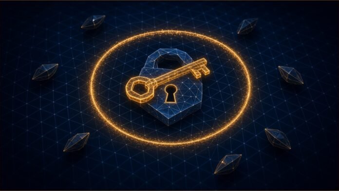 Cloudflare Puts Post-Quantum Lock on Regional Keys | TSN Illustration of a glowing key and lattice lock inside an amber boundary ring, with sealed capsules floating outside it