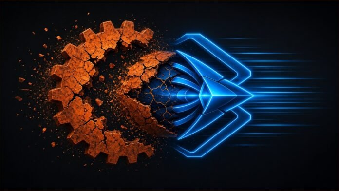 Cloudflare Unveils tsrs, a Rust Port of TypeScript | TSN Illustration of a rusty gear cracking apart to reveal a sleek blue core with speed lines.