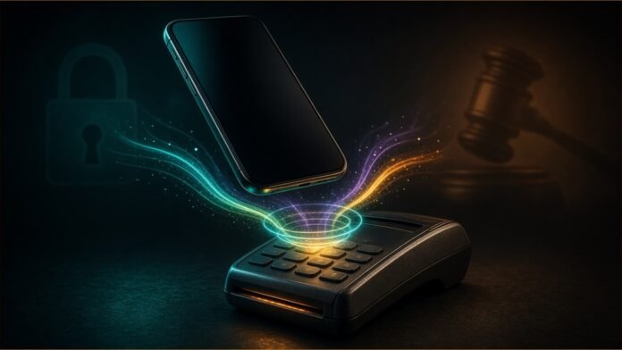 Illustration of a smartphone over a card terminal with the contactless signal splitting into several streams