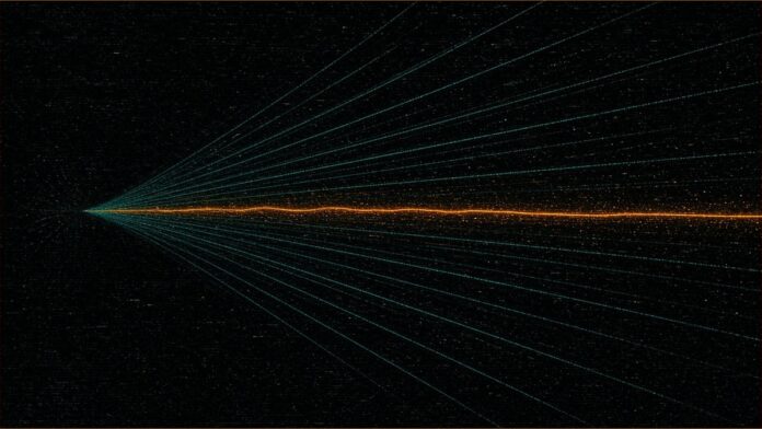 China's AI Weather Ensemble Goes Live on 10 November | TSN Illustration of teal trajectory lines fanning out from one point around a bright amber central line.