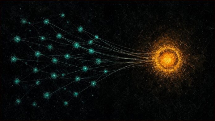 CMA Meta Investigation Targets Publisher Terms | TSN Illustration of CMA Meta investigation concept in teal and amber: many small teal light nodes pulled by thin threads into one large glowing amber node.