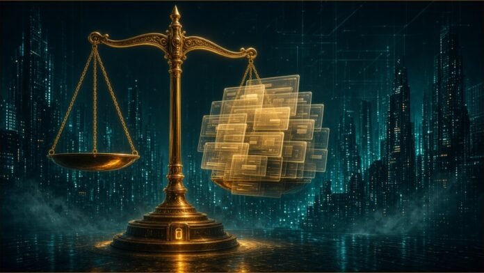 Golden balance scales weighing a stack of translucent software panels against a neon city.