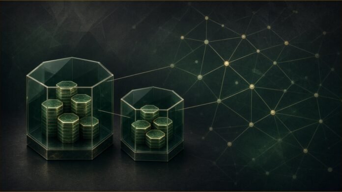 Illustration of two glass containers holding stacks of green hexagonal tokens, linked by thin gold lines to a network lattice