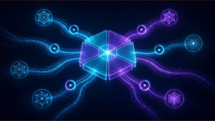 Cognizant Launches AI Nexus to Meter AI Spend | TSN Illustration of a glowing hub of five interlocking translucent modules routing streams of light out to several distant abstract nodes