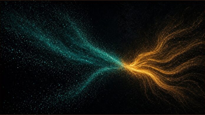 Illustration of Frontier Capability Group concept in teal and amber: a stream of teal particles converging and merging into a flowing amber ribbon of light.