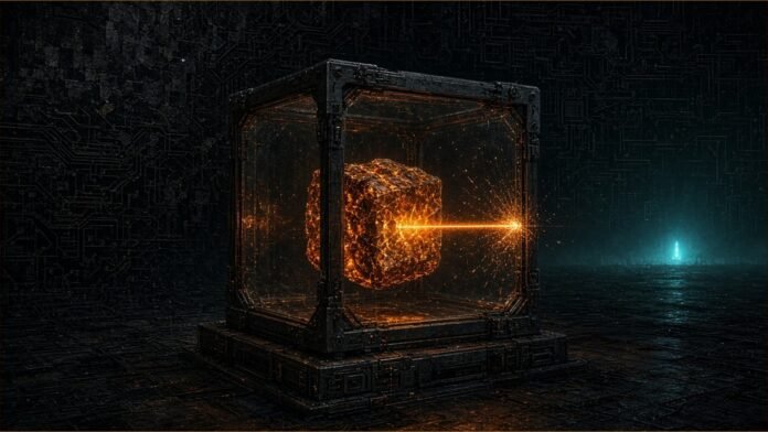 Illustration of a glowing amber cube sealed in a transparent box, its beam stopped at the wall in sparks, with a distant teal beacon
