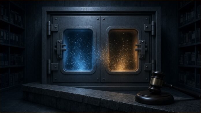 Illustration of a steel vault with two glowing compartments whose blue and amber particles are mixing, and a gavel resting on a stone ledge in front