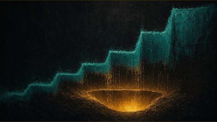Illustration of Coinbase net income concept in teal and amber: a rising stepped teal waveform with amber light pooling into a glowing reservoir beneath it.
