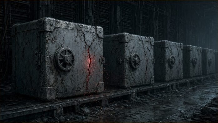 Illustration of a row of old cracked steel vaults in a dark server room, one leaking faint red light through a crack