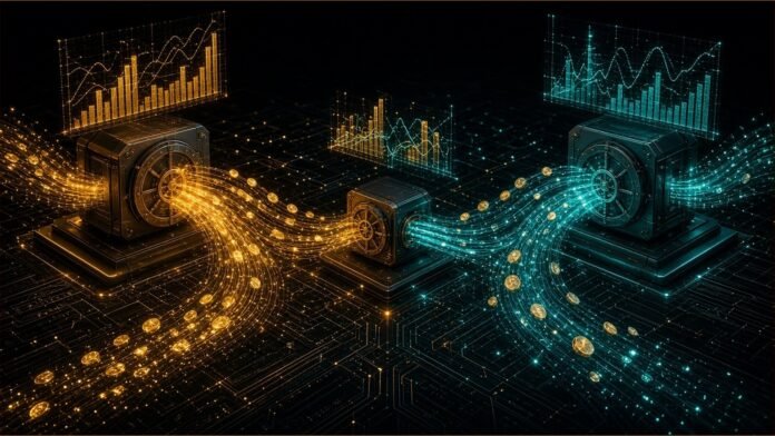 Self-custody vault hexagon linked to a strategy ribbon and tokenised asset blocks