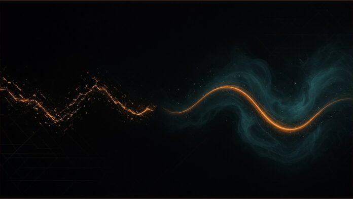 Illustration of a broken amber line resuming as a smooth curve through teal mist.