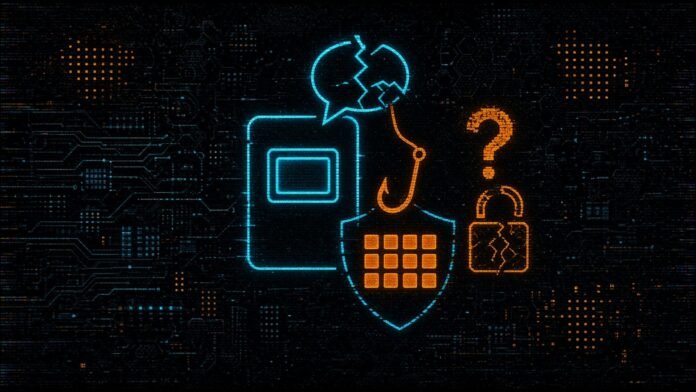 Symbol-only illustration of a hardware-wallet outline beneath a cracked speech bubble, with a fish hook dropping toward a seed-grid glyph covered by a shield outline, and a question mark over a broken padlock.