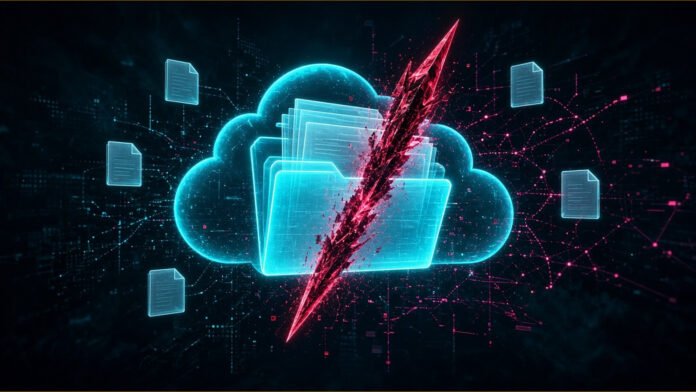 Cloud-shaped server cabinet with a glowing thread slipping through a gap in its door