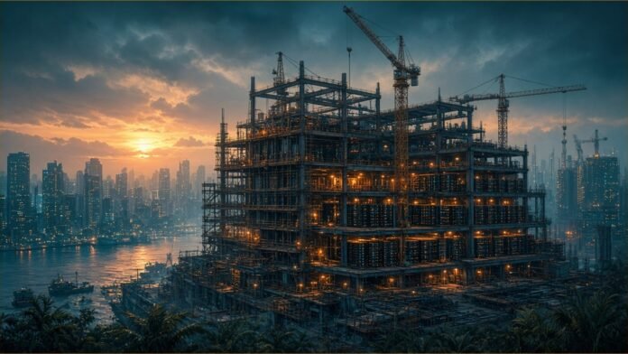 colt-dcs-rmz-mumbai-3-construction Illustration: Navi Mumbai campus grid with a third hall lighting up under hybrid liquid-cooling pipes; teal and concrete grey.