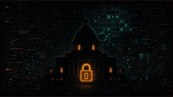 Illustration of a dark domed civic building with amber windows and a glowing padlock across its steps, beside a cyan grid of dimmed service tiles