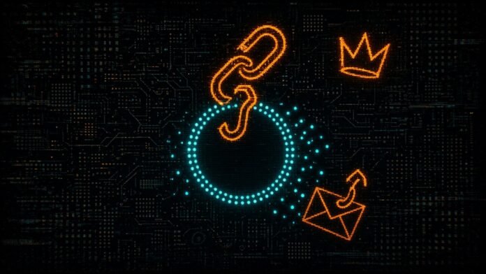 Symbol-only illustration of a ring of dots with an open chain link and a hooked key, a crown glyph floating nearby, and dots drifting toward an envelope with a hook.