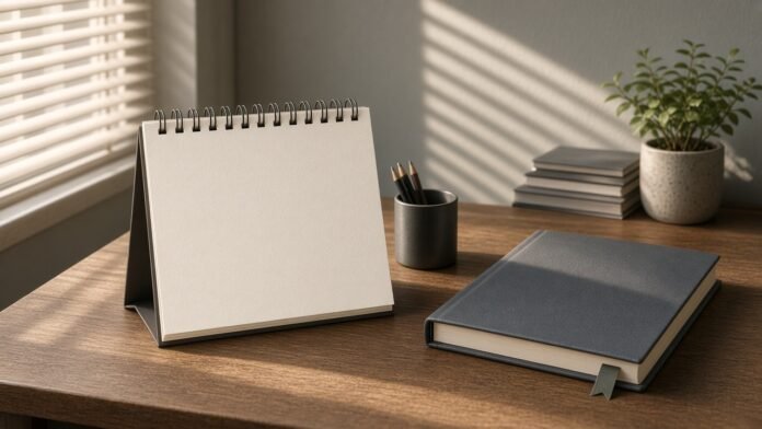 Quiet office calendar turned to October beside a blank policy binder