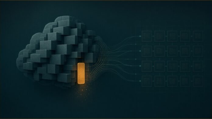 A glowing amber key slipping through a cloud of data blocks, with access lines reaching a grid of tiles.