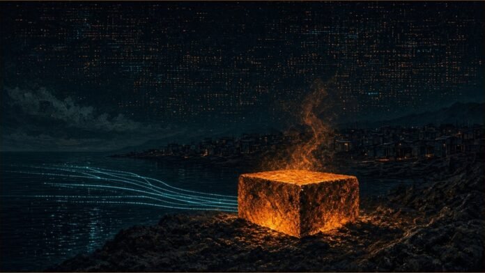Illustration of a glowing amber block on a dark shore with heat rising towards low rooftops and teal light lines running out across the sea