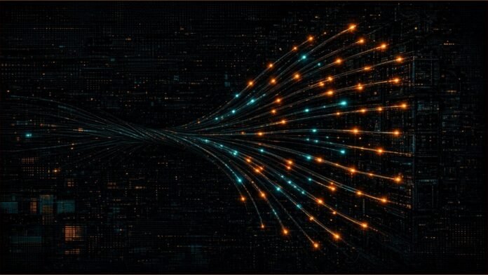 Corning Says Its Gen AI Fibre Sales Doubled in Q3 | TSN Illustration of a bundle of glowing amber optical fibres fanning out towards dark server racks, with cyan pulses of light