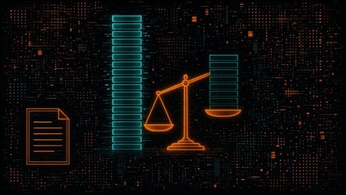 Symbol-only illustration of a tall tower of twelve cyan slabs beside a shorter ghost-outlined tower of eight, with an orange balance scale tipped toward the taller tower and a blank ledger page below, on a dark circuit grid.