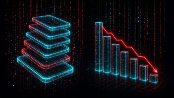 Stack of neon wireframe smartphones beside a falling bar chart