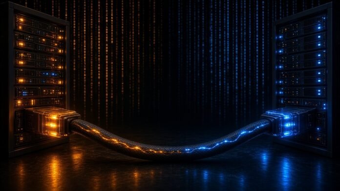 Glowing active cable linking two server racks