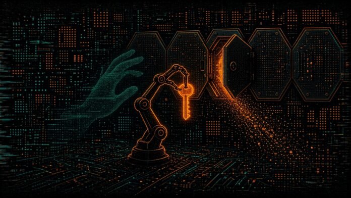 A glowing amber robotic arm holds a key-shaped probe up to a row of hexagonal vault doors, one ajar with dots streaming out, with a faint teal hand outline behind it.