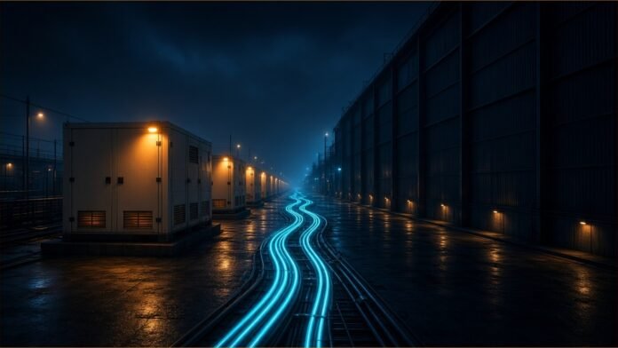 Illustration of rows of container-sized generator units glowing amber beside a dark data hall, linked by neon power conduits