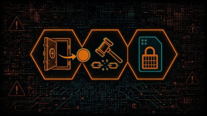 Three linked hexagons showing a coin returning to an open vault, a gavel over a broken chain, and a SIM card with a padlock.