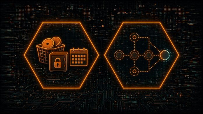 Two amber hexagon tiles: a basket of coins with a padlocked vault and blank calendar, and a code-branch diagram ending in a dotted, not-yet-filled node.