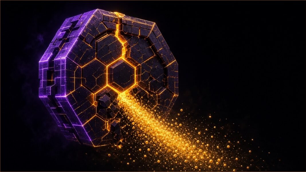 Illustration of a cracked hexagonal vault leaking a stream of glowing gold particles