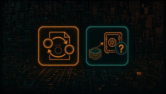 France's Committee Backs Taxing Stablecoin Swaps and a Crypto Exit Tax; ESMA Asks About Tokenised Collateral Two tiles showing a coin swap passing through an unsigned ledger page, and a vault receiving stacked tokens beside a question mark.