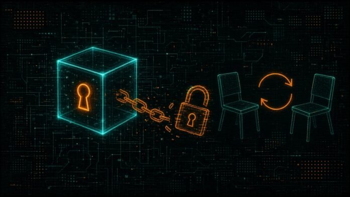 Symbol-only illustration of a cyan wireframe box with an orange keyhole, a broken chain leading to an open padlock, and a looping arrow between two empty chairs.