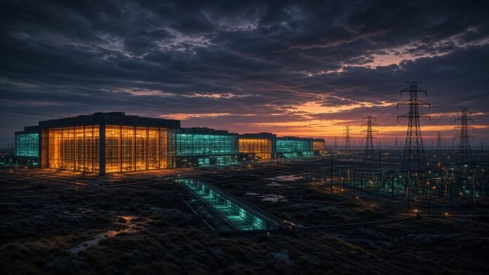 Two glowing data-centre blocks on a map grid, one lit, one a dotted wireframe outline