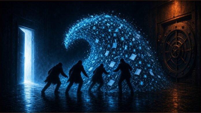 Illustration of silhouetted figures holding back a wave of glowing bug icons and report cards, between an open door and a vault.