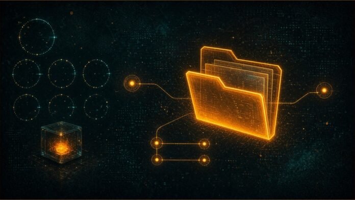 Illustration of an amber folder of panels linked to small glowing nodes, beside a row of gauges and a small sealed container.