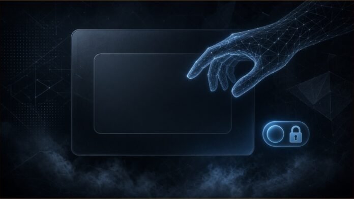 Illustration of a wireframe hand of light reaching towards a blank window panel beside a glowing padlock toggle switch