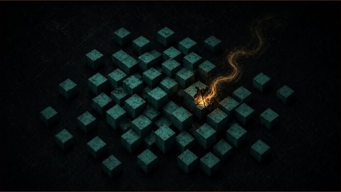 Illustration of Claude Code extension concept in teal and amber: a cluster of teal cubes, one cracked open with a thin amber tendril escaping into the dark.