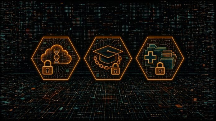 Cyber Breaches, 9 October 2026: Ginkgo Bioworks Cloud Data, Yıldız Technical University Ransomware and a Louisiana Clinic Three amber hexagon tiles: a cloud with a DNA helix and padlock, a mortarboard wrapped in chain and padlock, and a medical cross with files and a padlock.