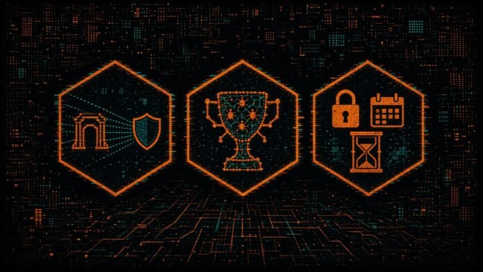 SonicWall SMA1000 Attack Attempts, Pwn2Own Ireland's $1.26m and the 2027 Windows Update Certificate Deadline Three hexagonal tiles showing a gateway with dotted probe lines stopping at a shield, a trophy built from bug nodes, and a padlock with a calendar and hourglass.