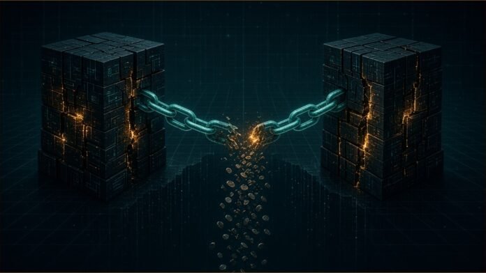 A broken chain between two cracked block towers, with tokens spilling from the break.