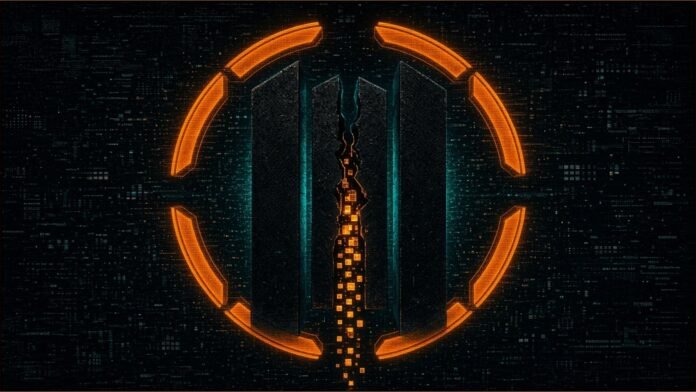Daishin, Bithumb Breaches Draw Korean Probes | TSN Illustration of three dark slabs, the middle one split open and leaking amber tiles, inside a ring of amber shield segments.
