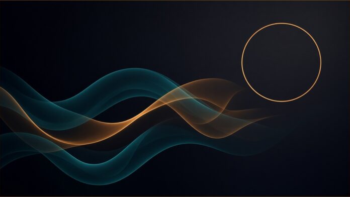 Illustration of Dartmouth provost concept in teal and amber: two overlapping layers of flowing translucent ribbons, deep teal beneath and a fainter glowing amber layer above, beside an empty amber ring outline on a dark background.
