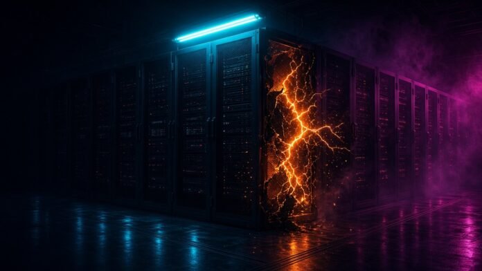 Data-Centre Fires and Power Failures: 8 in 2024, 20 in 2025 Symbol-only illustration of a dark data hall where one server rack glows with orange cracks and sparks under an emergency cyan light.