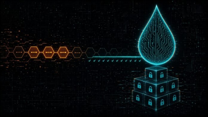 DATA Network Moves Trace to Sui; Sui Foundation Invests $30M Symbol-only illustration of a fading chain of orange hexagon blocks linked by a cyan trace of check marks to a glowing circuit-line water drop above a stack of padlocked cubes.