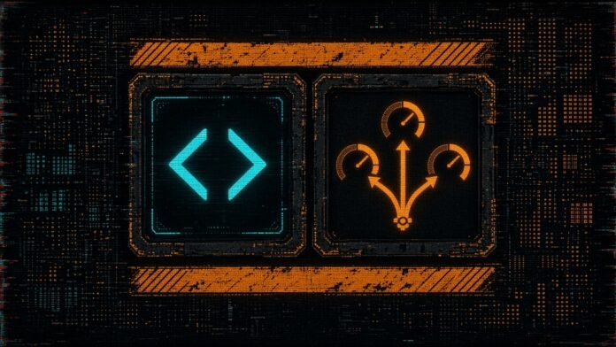 Symbol-only illustration of two data-vault glyphs, one running code inside a sealed sandbox and the other fanning into probability dials, with an orange beta ribbon across both.