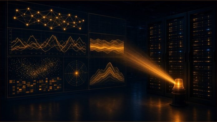 An amber beacon scanning server racks beside a wall of glowing monitoring graphs.