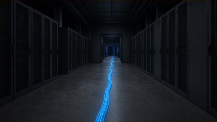 Illustration of a dark, empty server hall with a glowing blue fibre path leading to a lit backup room.